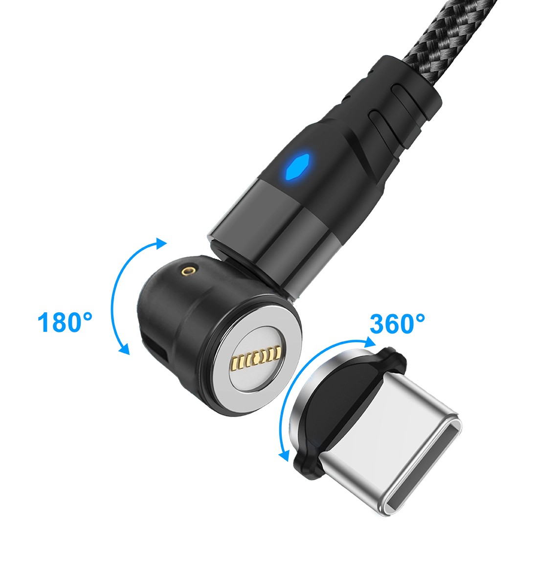 540度二合一USB磁吸快充傳輸線旋轉角度示意圖