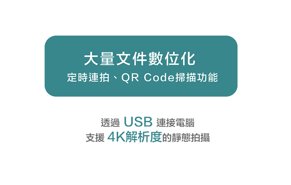 大量文件數位化，定時連拍、QR Code掃描功能，支援4K解析度的靜態拍攝