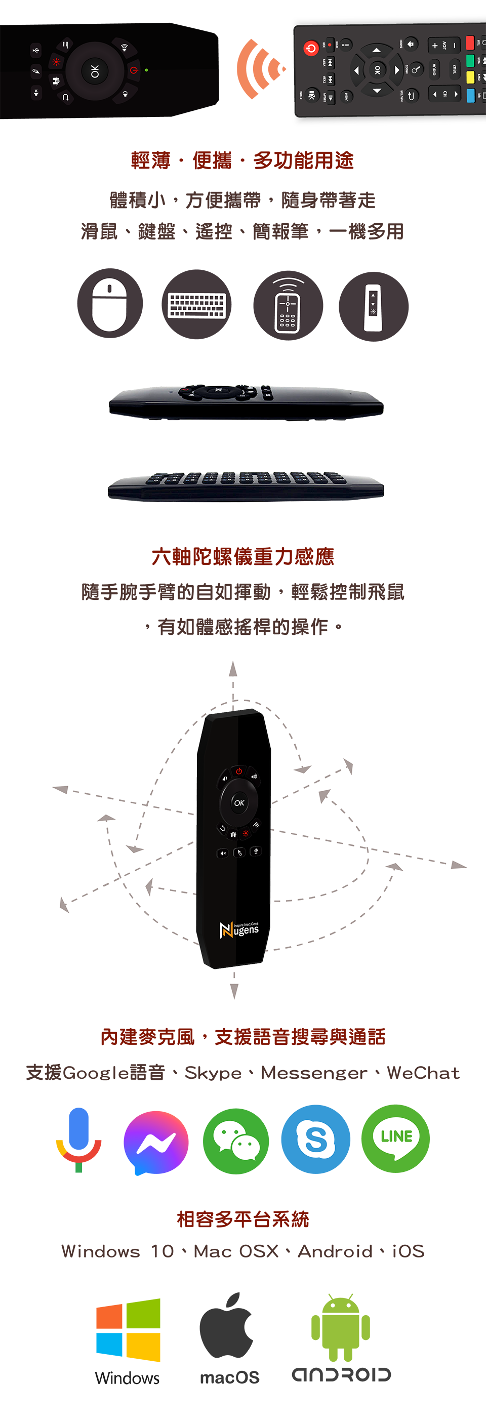 無線語音飛鼠-輕薄便攜多功能用途、相容多平台系統、內建麥克風支援語音搜尋與通話-Mobile